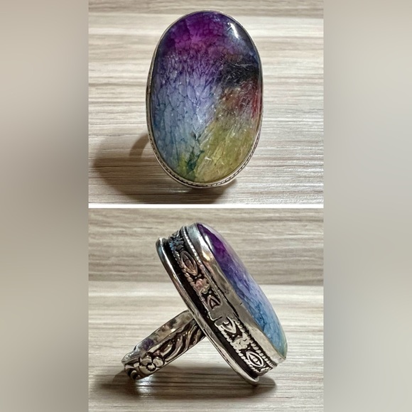 Jewelry - Handmade Sterling Silver Natural Rainbow Solar Quartz Cocktail Ring, Size 7.5